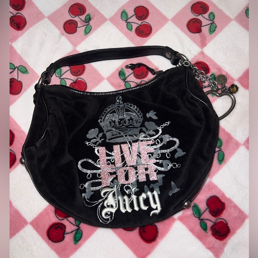 Juicy Couture Live For Juicy Y2K Black and Pink Velour Shoulder Bag VINTAGE